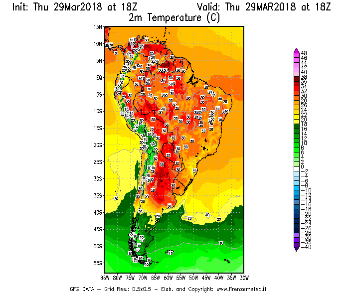 Mappa di analisi GFS - Temperatura a 2 metri dal suolo [°C] in Sud-America
									del 29/03/2018 18 <!--googleoff: index-->UTC<!--googleon: index-->