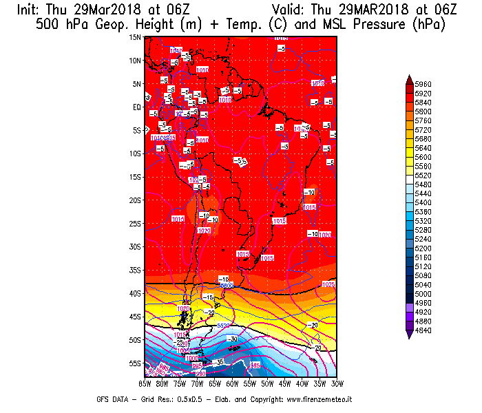 Mappa di analisi GFS - Geopotenziale [m] + Temp. [°C] a 500 hPa + Press. a livello del mare [hPa] in Sud-America
									del 29/03/2018 06 <!--googleoff: index-->UTC<!--googleon: index-->