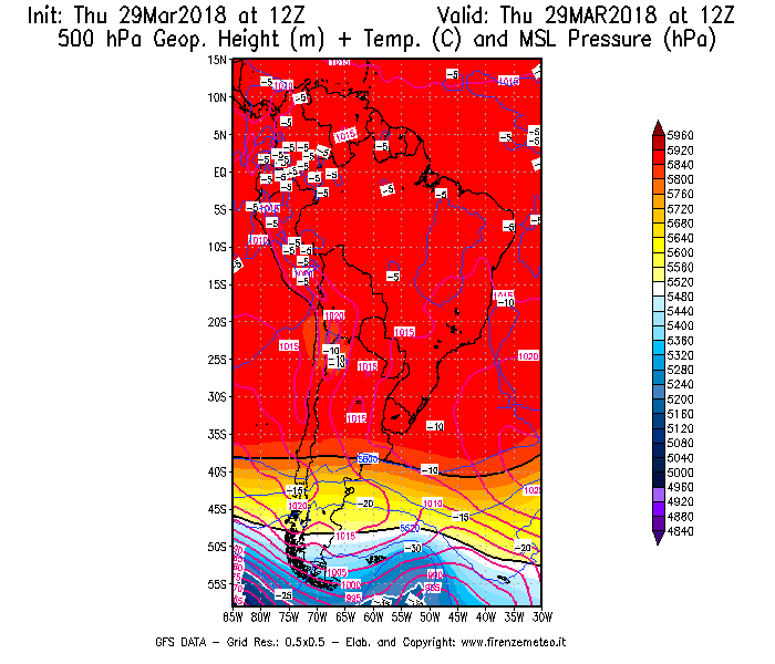Mappa di analisi GFS - Geopotenziale [m] + Temp. [°C] a 500 hPa + Press. a livello del mare [hPa] in Sud-America
									del 29/03/2018 12 <!--googleoff: index-->UTC<!--googleon: index-->