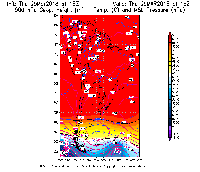 Mappa di analisi GFS - Geopotenziale [m] + Temp. [°C] a 500 hPa + Press. a livello del mare [hPa] in Sud-America
									del 29/03/2018 18 <!--googleoff: index-->UTC<!--googleon: index-->