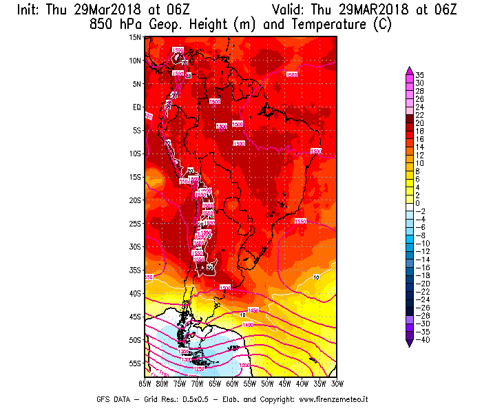 Mappa di analisi GFS - Geopotenziale [m] e Temperatura [°C] a 850 hPa in Sud-America
									del 29/03/2018 06 <!--googleoff: index-->UTC<!--googleon: index-->