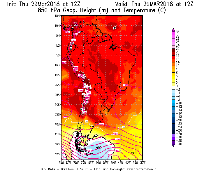 Mappa di analisi GFS - Geopotenziale [m] e Temperatura [°C] a 850 hPa in Sud-America
									del 29/03/2018 12 <!--googleoff: index-->UTC<!--googleon: index-->