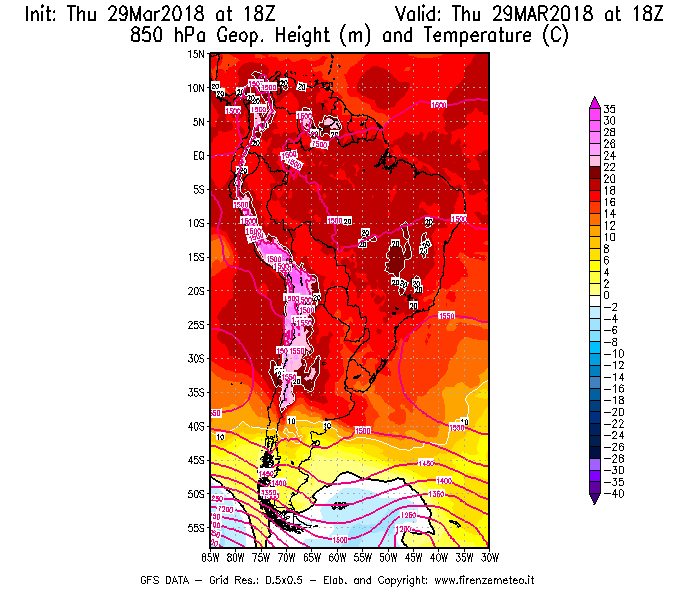 Mappa di analisi GFS - Geopotenziale [m] e Temperatura [°C] a 850 hPa in Sud-America
									del 29/03/2018 18 <!--googleoff: index-->UTC<!--googleon: index-->