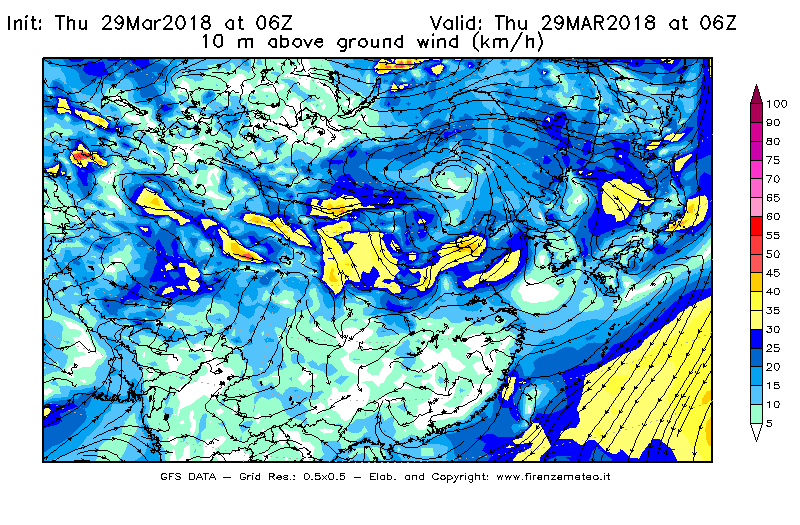 Mappa di analisi GFS - Velocità del vento a 10 metri dal suolo [km/h] in Asia Orientale
									del 29/03/2018 06 <!--googleoff: index-->UTC<!--googleon: index-->
