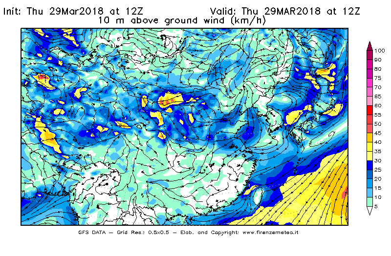 Mappa di analisi GFS - Velocità del vento a 10 metri dal suolo [km/h] in Asia Orientale
									del 29/03/2018 12 <!--googleoff: index-->UTC<!--googleon: index-->