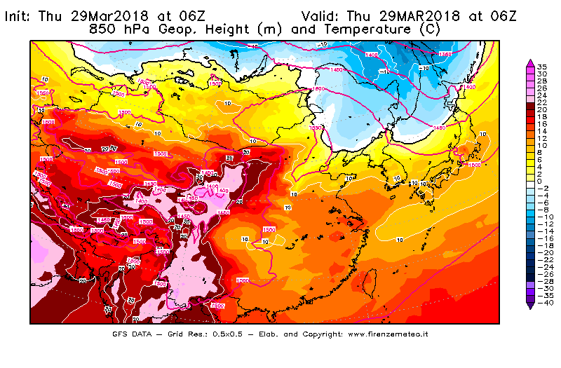 Mappa di analisi GFS - Geopotenziale [m] e Temperatura [°C] a 850 hPa in Asia Orientale
									del 29/03/2018 06 <!--googleoff: index-->UTC<!--googleon: index-->