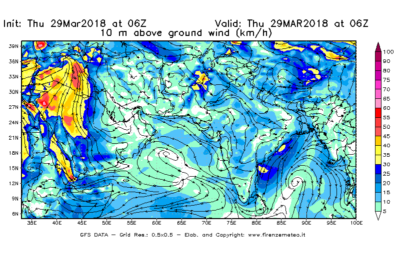 Mappa di analisi GFS - Velocità del vento a 10 metri dal suolo [km/h] in Asia Sud-Occidentale
									del 29/03/2018 06 <!--googleoff: index-->UTC<!--googleon: index-->