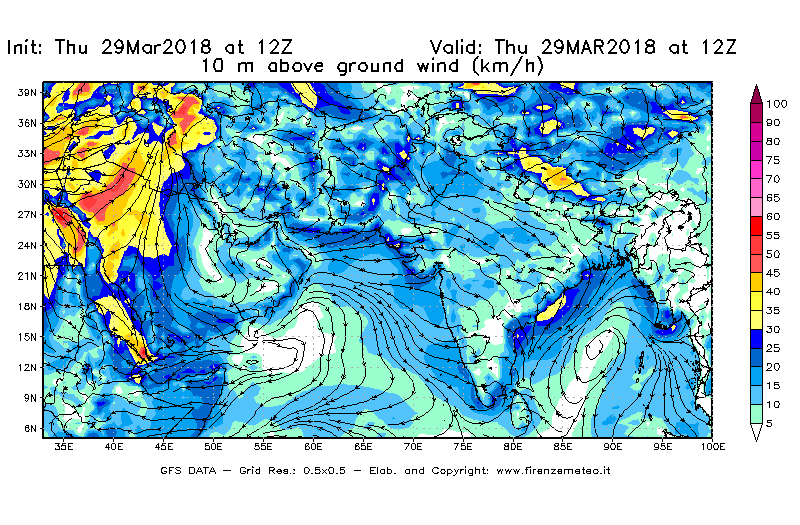 Mappa di analisi GFS - Velocità del vento a 10 metri dal suolo [km/h] in Asia Sud-Occidentale
									del 29/03/2018 12 <!--googleoff: index-->UTC<!--googleon: index-->