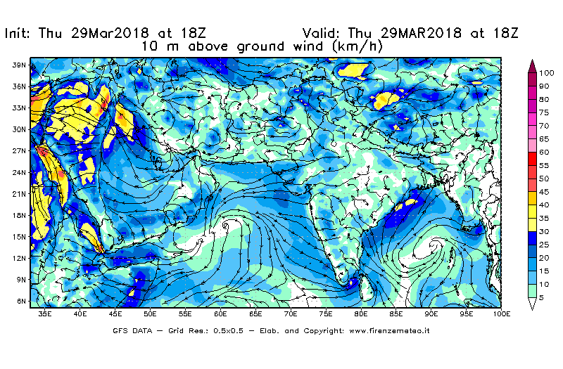 Mappa di analisi GFS - Velocità del vento a 10 metri dal suolo [km/h] in Asia Sud-Occidentale
									del 29/03/2018 18 <!--googleoff: index-->UTC<!--googleon: index-->