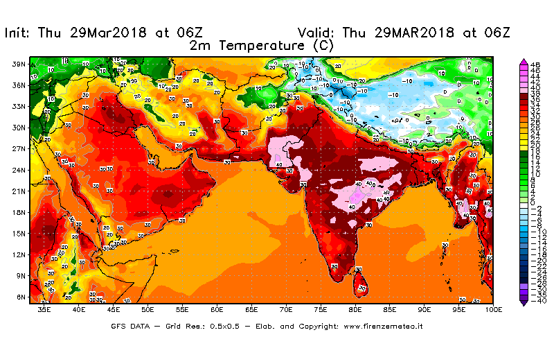 Mappa di analisi GFS - Temperatura a 2 metri dal suolo [°C] in Asia Sud-Occidentale
									del 29/03/2018 06 <!--googleoff: index-->UTC<!--googleon: index-->