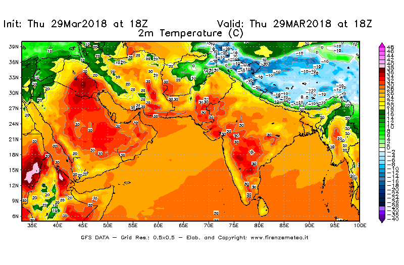 Mappa di analisi GFS - Temperatura a 2 metri dal suolo [°C] in Asia Sud-Occidentale
									del 29/03/2018 18 <!--googleoff: index-->UTC<!--googleon: index-->