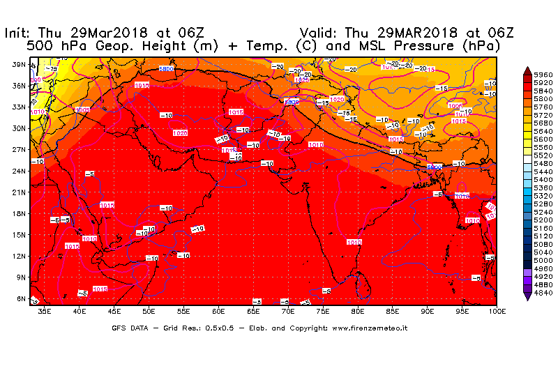 Mappa di analisi GFS - Geopotenziale [m] + Temp. [°C] a 500 hPa + Press. a livello del mare [hPa] in Asia Sud-Occidentale
									del 29/03/2018 06 <!--googleoff: index-->UTC<!--googleon: index-->