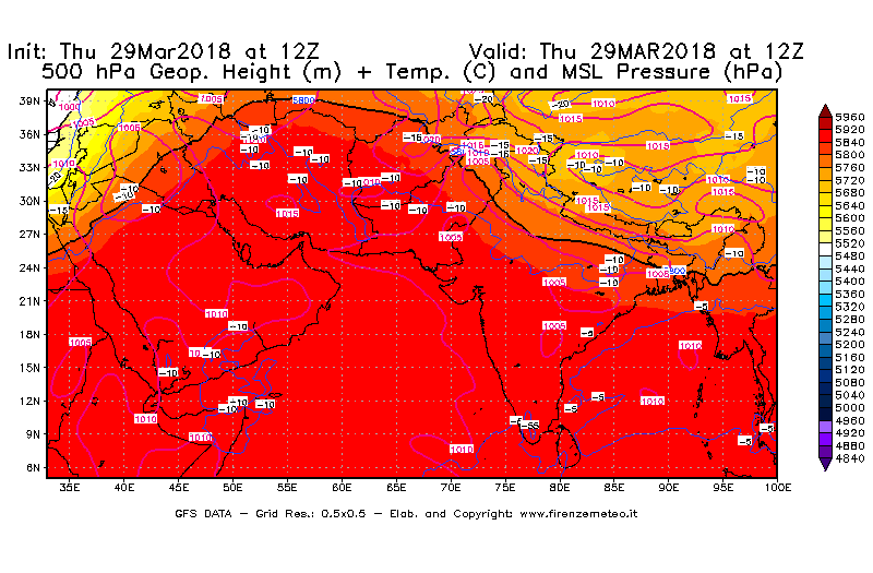 Mappa di analisi GFS - Geopotenziale [m] + Temp. [°C] a 500 hPa + Press. a livello del mare [hPa] in Asia Sud-Occidentale
									del 29/03/2018 12 <!--googleoff: index-->UTC<!--googleon: index-->
