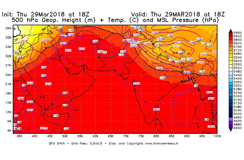 Mappa di analisi GFS - Geopotenziale [m] + Temp. [°C] a 500 hPa + Press. a livello del mare [hPa] in Asia Sud-Occidentale
									del 29/03/2018 18 <!--googleoff: index-->UTC<!--googleon: index-->