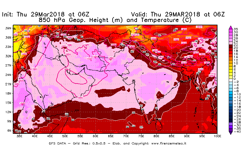 Mappa di analisi GFS - Geopotenziale [m] e Temperatura [°C] a 850 hPa in Asia Sud-Occidentale
									del 29/03/2018 06 <!--googleoff: index-->UTC<!--googleon: index-->