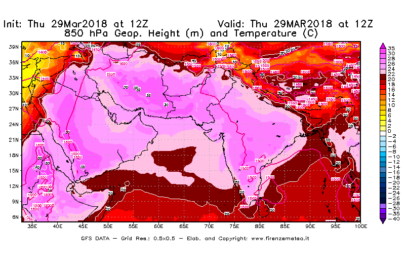 Mappa di analisi GFS - Geopotenziale [m] e Temperatura [°C] a 850 hPa in Asia Sud-Occidentale
									del 29/03/2018 12 <!--googleoff: index-->UTC<!--googleon: index-->
