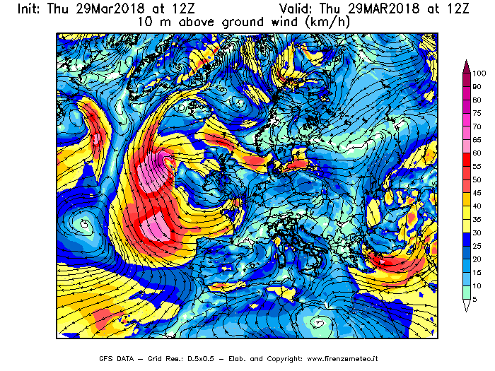 Mappa di analisi GFS - Velocità del vento a 10 metri dal suolo [km/h] in Europa
									del 29/03/2018 12 <!--googleoff: index-->UTC<!--googleon: index-->