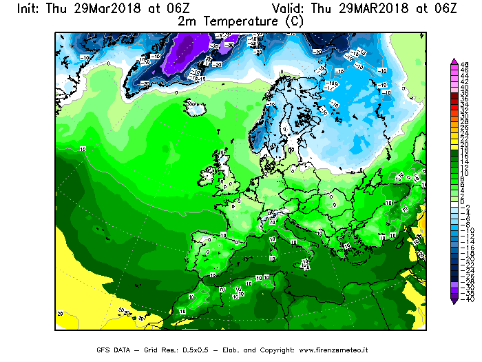 Mappa di analisi GFS - Temperatura a 2 metri dal suolo [°C] in Europa
									del 29/03/2018 06 <!--googleoff: index-->UTC<!--googleon: index-->