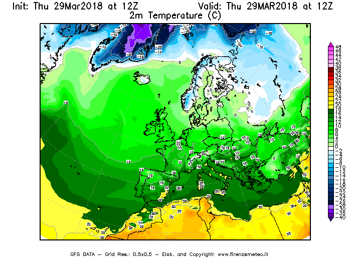 Mappa di analisi GFS - Temperatura a 2 metri dal suolo [°C] in Europa
									del 29/03/2018 12 <!--googleoff: index-->UTC<!--googleon: index-->