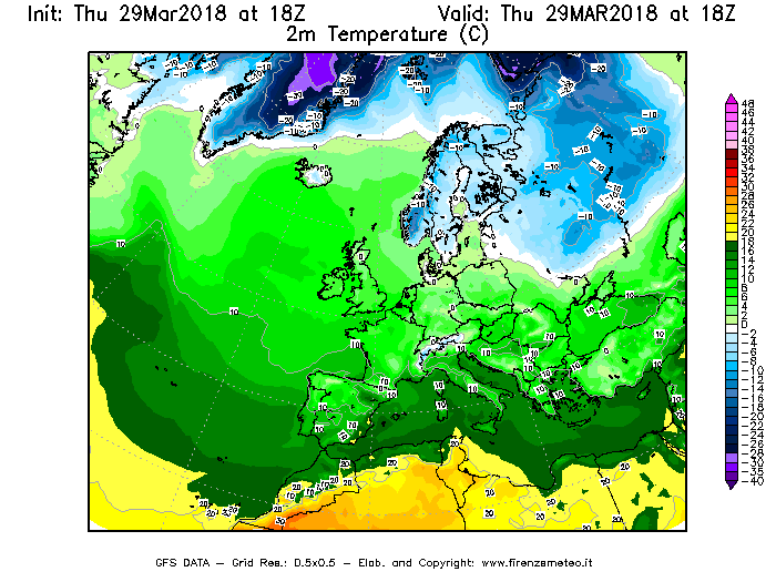 Mappa di analisi GFS - Temperatura a 2 metri dal suolo [°C] in Europa
									del 29/03/2018 18 <!--googleoff: index-->UTC<!--googleon: index-->