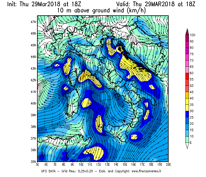 Mappa di analisi GFS - Velocità del vento a 10 metri dal suolo [km/h] in Italia
									del 29/03/2018 18 <!--googleoff: index-->UTC<!--googleon: index-->