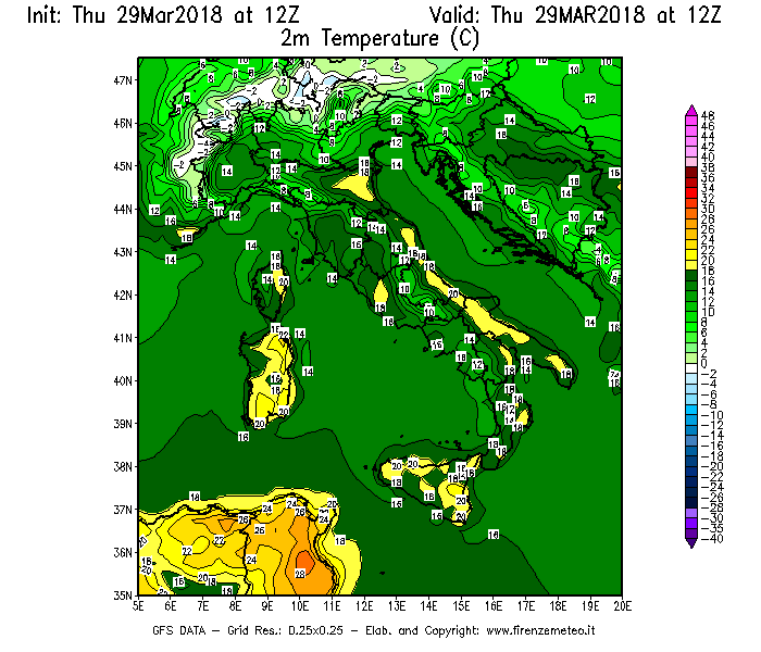 Mappa di analisi GFS - Temperatura a 2 metri dal suolo [°C] in Italia
									del 29/03/2018 12 <!--googleoff: index-->UTC<!--googleon: index-->