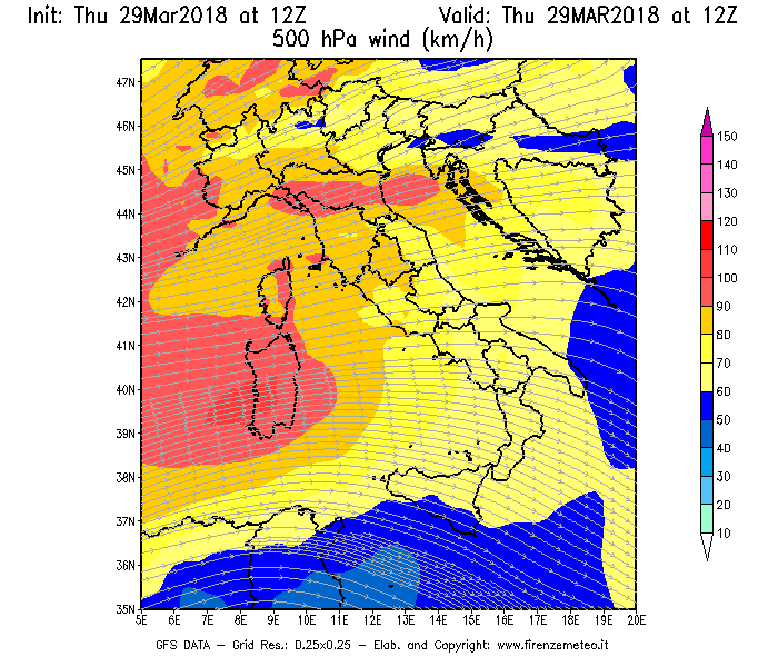 Mappa di analisi GFS - Velocità del vento a 500 hPa [km/h] in Italia
									del 29/03/2018 12 <!--googleoff: index-->UTC<!--googleon: index-->