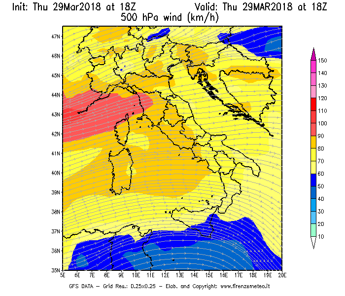Mappa di analisi GFS - Velocità del vento a 500 hPa [km/h] in Italia
									del 29/03/2018 18 <!--googleoff: index-->UTC<!--googleon: index-->
