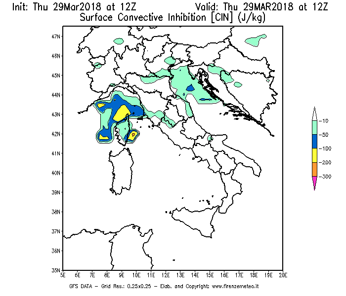 Mappa di analisi GFS - CIN [J/kg] in Italia
									del 29/03/2018 12 <!--googleoff: index-->UTC<!--googleon: index-->