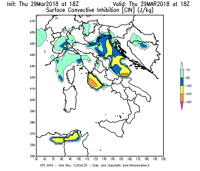Mappa di analisi GFS - CIN [J/kg] in Italia
									del 29/03/2018 18 <!--googleoff: index-->UTC<!--googleon: index-->