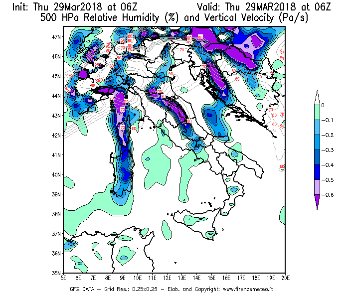 Mappa di analisi GFS - Umidità relativa [%] e Omega [Pa/s] a 500 hPa in Italia
									del 29/03/2018 06 <!--googleoff: index-->UTC<!--googleon: index-->