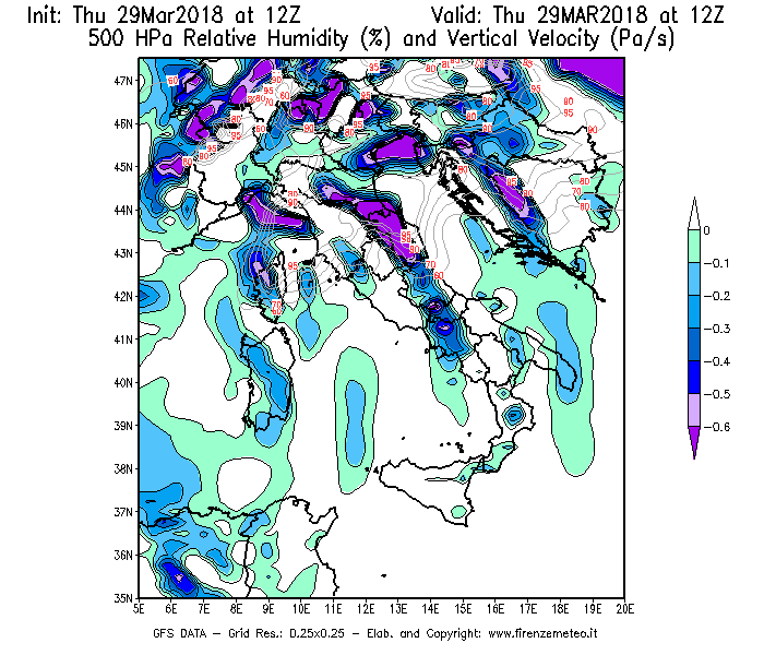 Mappa di analisi GFS - Umidità relativa [%] e Omega [Pa/s] a 500 hPa in Italia
									del 29/03/2018 12 <!--googleoff: index-->UTC<!--googleon: index-->