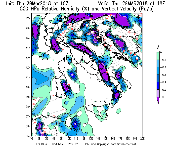 Mappa di analisi GFS - Umidità relativa [%] e Omega [Pa/s] a 500 hPa in Italia
									del 29/03/2018 18 <!--googleoff: index-->UTC<!--googleon: index-->