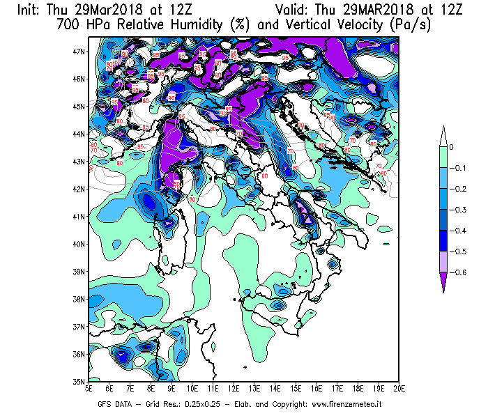Mappa di analisi GFS - Umidità relativa [%] e Omega [Pa/s] a 700 hPa in Italia
									del 29/03/2018 12 <!--googleoff: index-->UTC<!--googleon: index-->