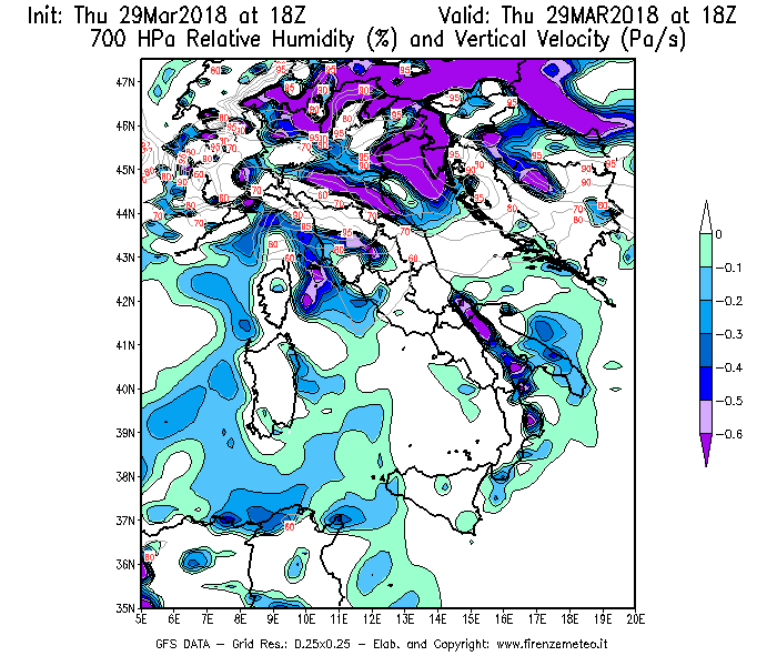 Mappa di analisi GFS - Umidità relativa [%] e Omega [Pa/s] a 700 hPa in Italia
									del 29/03/2018 18 <!--googleoff: index-->UTC<!--googleon: index-->