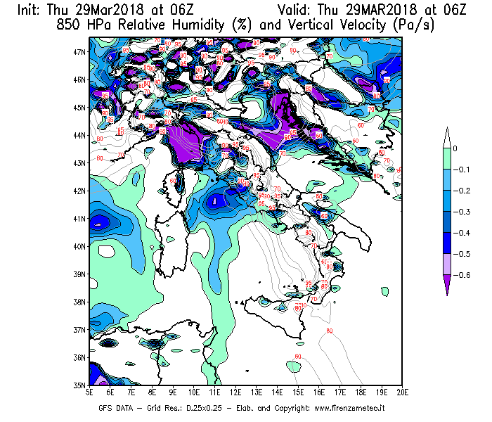Mappa di analisi GFS - Umidità relativa [%] e Omega [Pa/s] a 850 hPa in Italia
									del 29/03/2018 06 <!--googleoff: index-->UTC<!--googleon: index-->