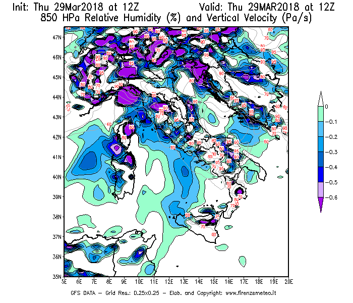Mappa di analisi GFS - Umidità relativa [%] e Omega [Pa/s] a 850 hPa in Italia
									del 29/03/2018 12 <!--googleoff: index-->UTC<!--googleon: index-->