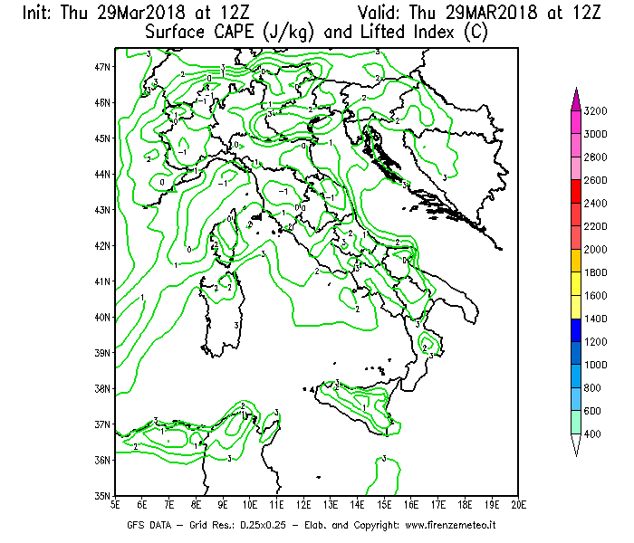 Mappa di analisi GFS - CAPE [J/kg] e Lifted Index [°C] in Italia
									del 29/03/2018 12 <!--googleoff: index-->UTC<!--googleon: index-->