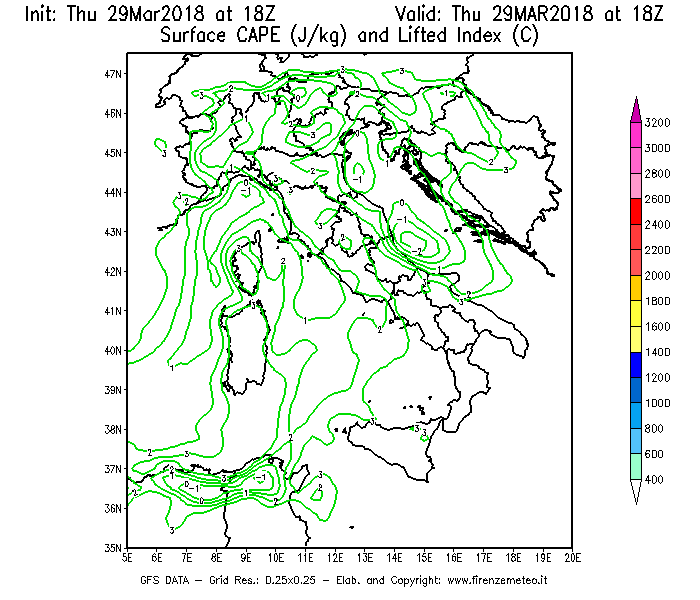 Mappa di analisi GFS - CAPE [J/kg] e Lifted Index [°C] in Italia
									del 29/03/2018 18 <!--googleoff: index-->UTC<!--googleon: index-->