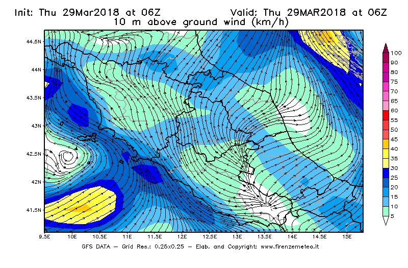 Mappa di analisi GFS - Velocità del vento a 10 metri dal suolo [km/h] in Centro-Italia
									del 29/03/2018 06 <!--googleoff: index-->UTC<!--googleon: index-->