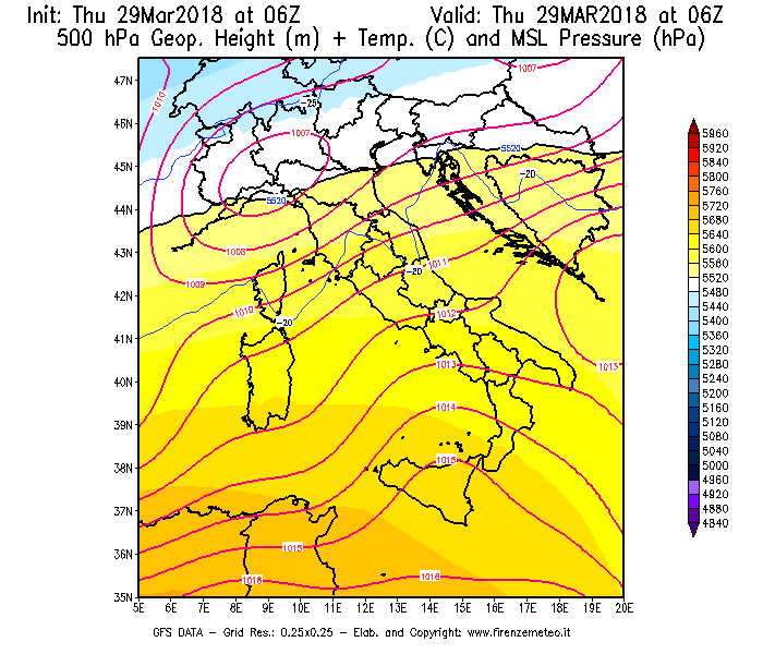 Mappa di analisi GFS - Geopotenziale [m] + Temp. [°C] a 500 hPa + Press. a livello del mare [hPa] in Italia
									del 29/03/2018 06 <!--googleoff: index-->UTC<!--googleon: index-->