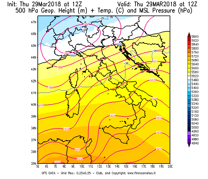 Mappa di analisi GFS - Geopotenziale [m] + Temp. [°C] a 500 hPa + Press. a livello del mare [hPa] in Italia
									del 29/03/2018 12 <!--googleoff: index-->UTC<!--googleon: index-->