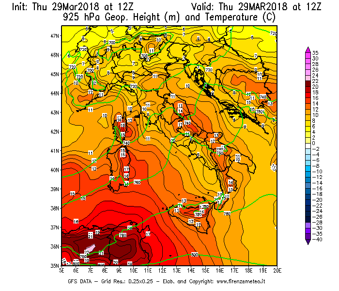 Mappa di analisi GFS - Geopotenziale [m] e Temperatura [°C] a 925 hPa in Italia
									del 29/03/2018 12 <!--googleoff: index-->UTC<!--googleon: index-->