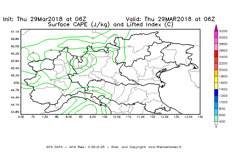 Mappa di analisi GFS - CAPE [J/kg] e Lifted Index [°C] in Nord-Italia
									del 29/03/2018 06 <!--googleoff: index-->UTC<!--googleon: index-->