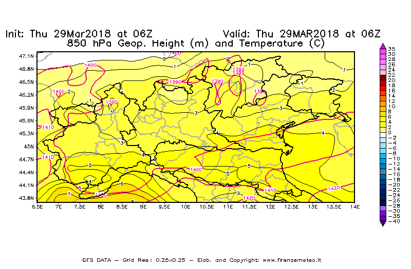 Mappa di analisi GFS - Geopotenziale [m] e Temperatura [°C] a 850 hPa in Nord-Italia
									del 29/03/2018 06 <!--googleoff: index-->UTC<!--googleon: index-->