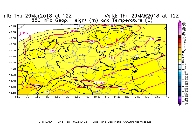 Mappa di analisi GFS - Geopotenziale [m] e Temperatura [°C] a 850 hPa in Nord-Italia
									del 29/03/2018 12 <!--googleoff: index-->UTC<!--googleon: index-->