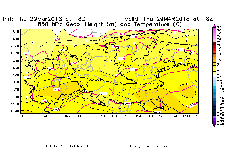 Mappa di analisi GFS - Geopotenziale [m] e Temperatura [°C] a 850 hPa in Nord-Italia
									del 29/03/2018 18 <!--googleoff: index-->UTC<!--googleon: index-->