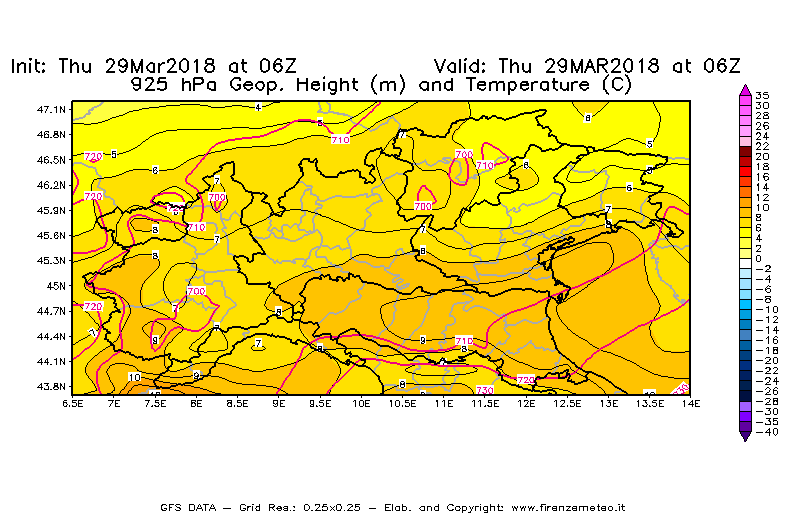 Mappa di analisi GFS - Geopotenziale [m] e Temperatura [°C] a 925 hPa in Nord-Italia
									del 29/03/2018 06 <!--googleoff: index-->UTC<!--googleon: index-->