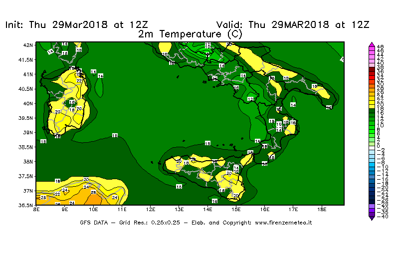 Mappa di analisi GFS - Temperatura a 2 metri dal suolo [°C] in Sud-Italia
									del 29/03/2018 12 <!--googleoff: index-->UTC<!--googleon: index-->