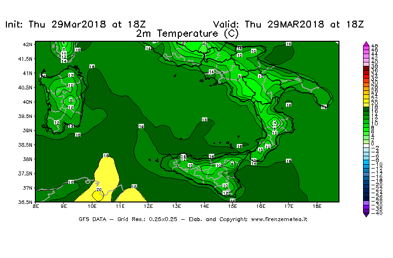 Mappa di analisi GFS - Temperatura a 2 metri dal suolo [°C] in Sud-Italia
									del 29/03/2018 18 <!--googleoff: index-->UTC<!--googleon: index-->